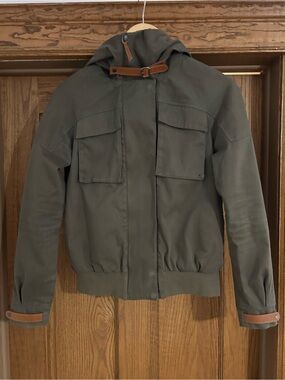 Olive Hooded Bomber Jacket with Brown Leather Details